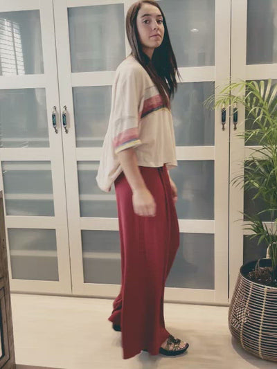Brand: Hopely - Textured Oversized Stripe Contrast Boxy Top -  Blouse, Boat Neck, Boxy Top, Clothes, Cream, Dolman Sleeve, Featured, Gauze, Lounge, Loungewear, made in usa, Pink, Shirt, Spring, Summer, Wardrobe Essentials, Women - Classy Cozy Cool Boutique