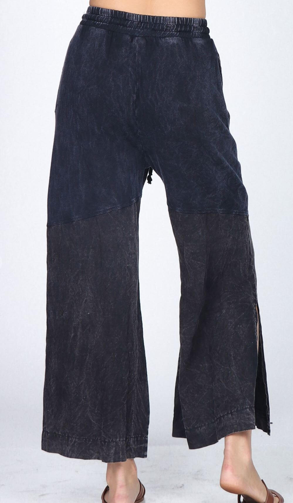 M. Rena Style# S4979 Ladies Luxury Cotton and Linen Wide Leg Terry Lounge Pants | Made in USA | Women's Fine Clothing Made in America | Color: Obsidian