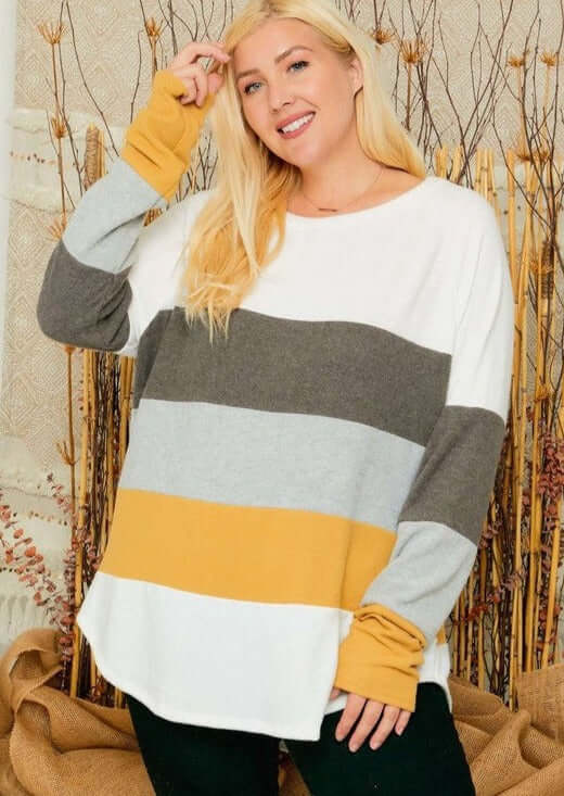 USA Made Plus Size Ladies Oversized Lightweight Super Soft Raglan Long Sleeve Top with Light Gray, Brown, Off White & Mustard Stripes | Made in USA Women's Clothing