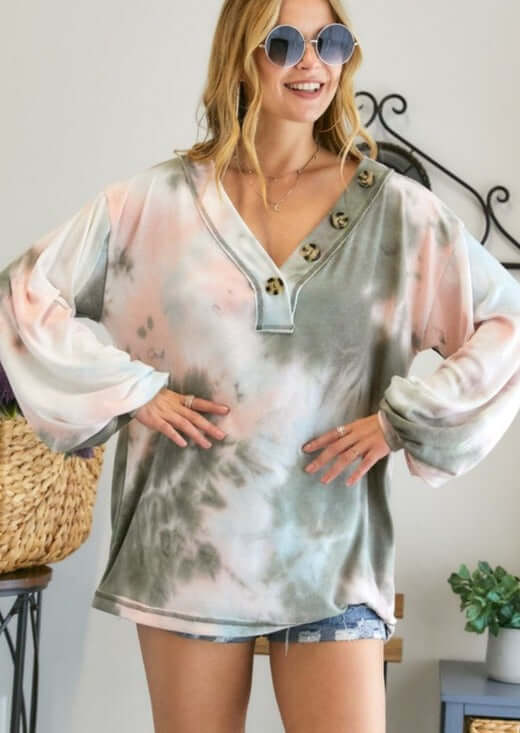 American Made Ladies Oversized Lightweight Tie Dye Puff Sleeve Top with Button Tabs in Sage & Mauve | Classy Cozy Cool Made in USA Women's Clothing