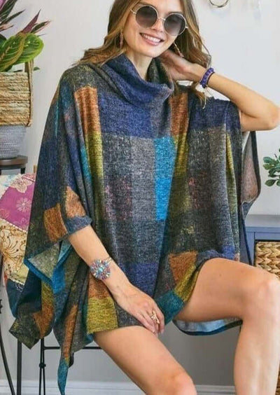 USA Made Navy Ladies Oversized Lightweight Super Soft Colorful Turtle Neck Poncho | Classy Cozy Cool | Made in America Women's Clothing Boutique