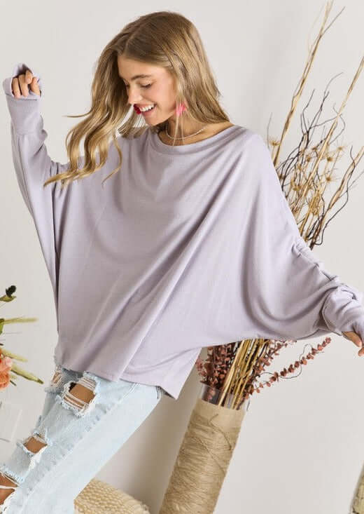 Ladies Oversized Lightweight Super Soft Dolman Sleeve Top in Lavender | Made in USA | Classy Cozy Cool Women's American Made Clothing Boutique