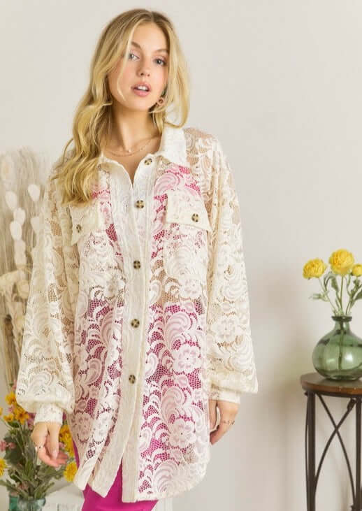 Ladies Oversized Off White Button Down Long Length Floral Lace Tunic Shirt | Made in USA | Classy Cozy Cool Women's Made in America Boutique