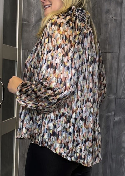 Made in USA | Plus Size Smocked Collar Colorful Feather Print Chiffon Blouse | Brand: Bucket List | Classy Cozy Cool Women’s Clothing Boutique