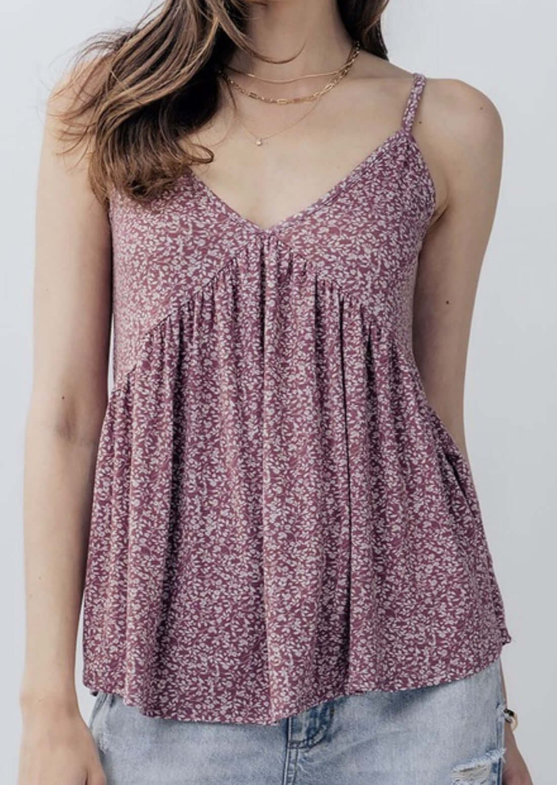Rosewood Ditsy Floral V-Neck Baby Doll Tank | Made in USA | V-Neck, Spaghetti Straps, Baby Doll Design, Soft Material | Classy Cozy Cool Ladies Boutique