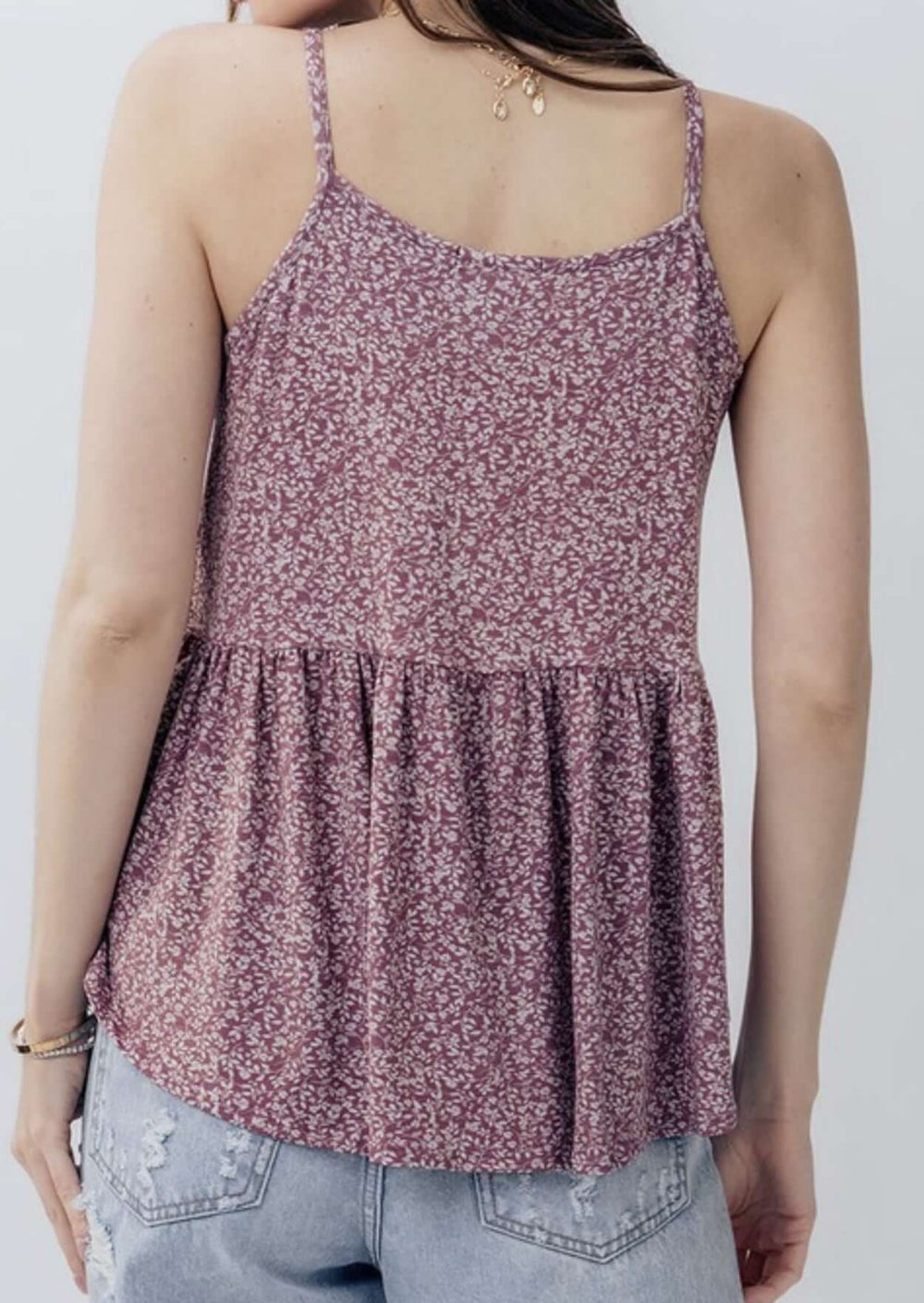 Rosewood Ditsy Floral V-Neck Baby Doll Tank | Made in USA | V-Neck, Spaghetti Straps, Baby Doll Design, Soft Material | Classy Cozy Cool Ladies Boutique