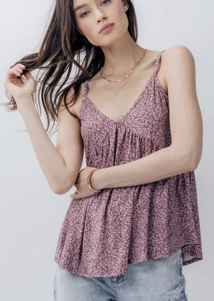 Rosewood Ditsy Floral V-Neck Baby Doll Tank | Made in USA | V-Neck, Spaghetti Straps, Baby Doll Design, Soft Material | Classy Cozy Cool Ladies Boutique