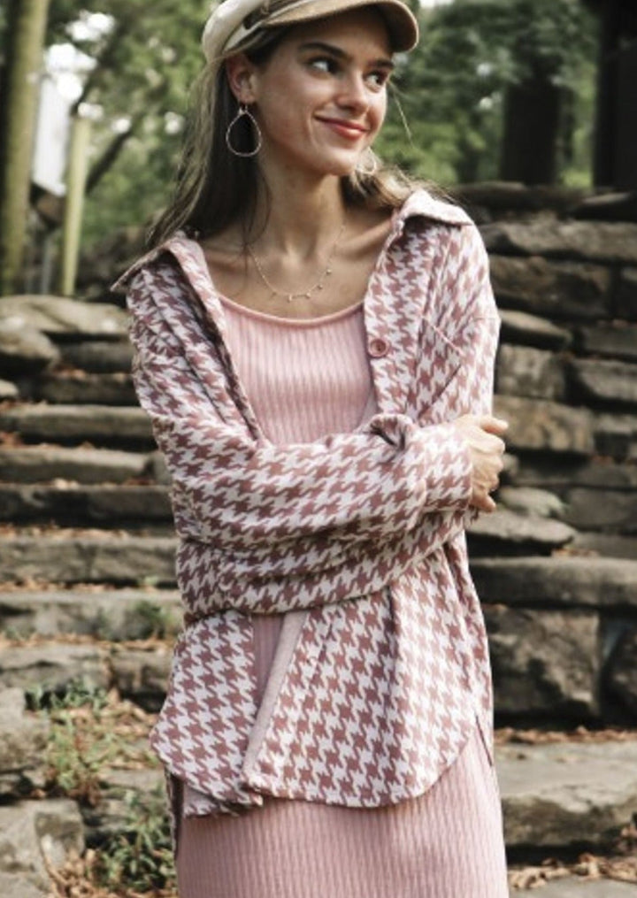 Brand: If She Loves | Be Comfy Houndstooth Shirt Jacket in Pink | Style ISJK1117A2 | Made in USA & Sold by Classy Cozy Cool Women's Clothing Boutique
