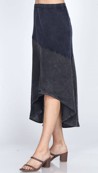 M. Rena Ladies Luxury Linen Hi-Lo French Terry Casual Skirt Available in Dark Denim & Bone | Made in USA | Women's American Made Natural Fabric Clothing | Color: Dark Denim