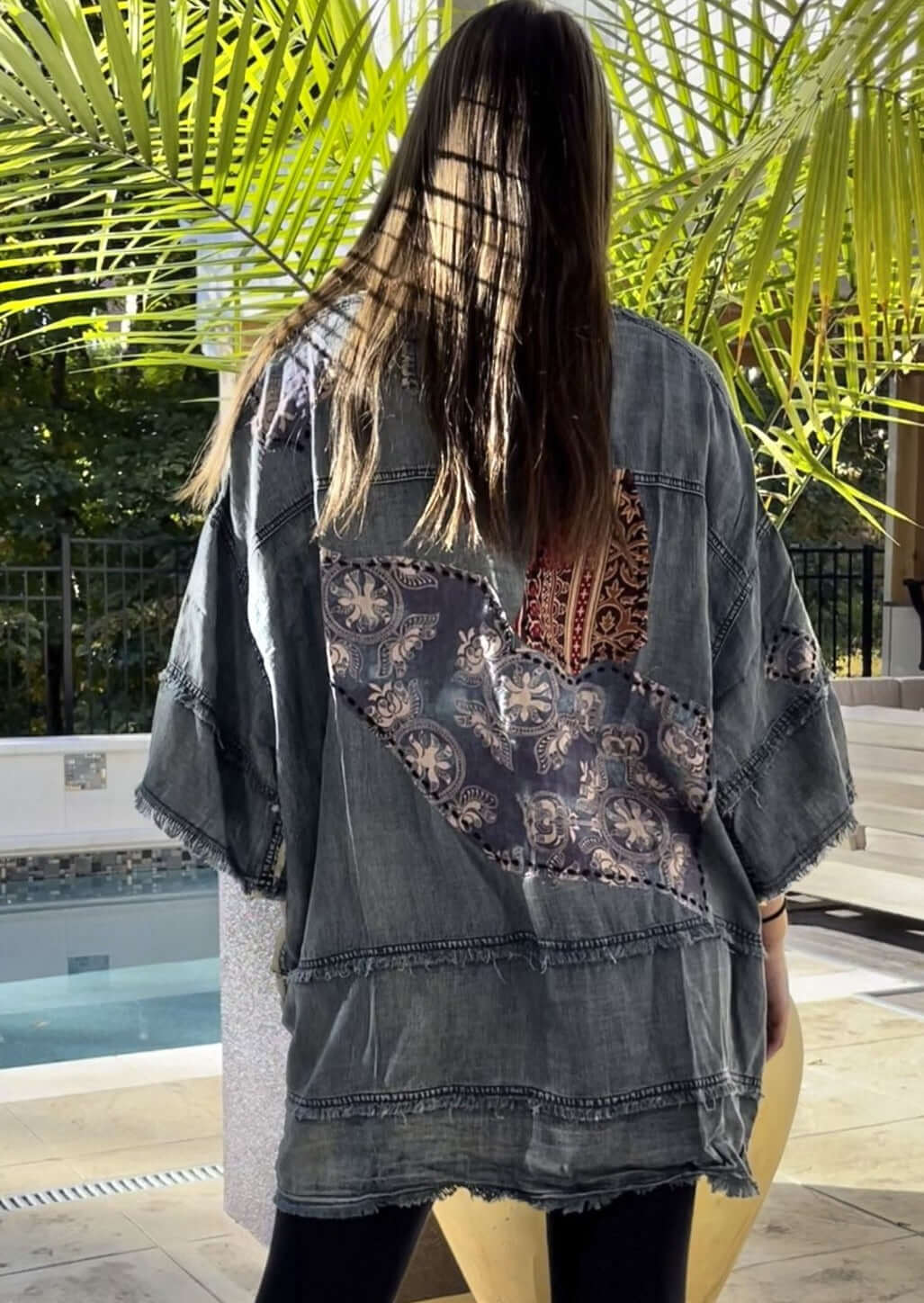Jaded Gypsy Blue Moon Kimono Bohemian Design with Patchwork Detail & Large Front Pockets - Chambray | Made In USA | Classy Cozy USA Made in America Boutique