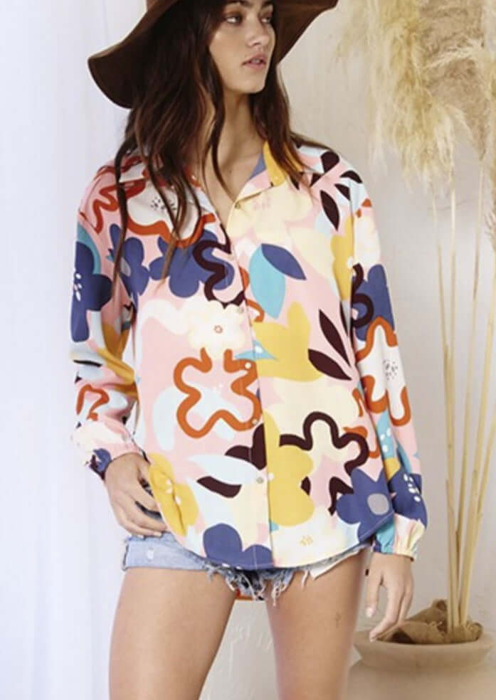 Bucket List Ladies Bright Color Floral Print Button Down Top | Style# T1943  | Made in USA | Classy Cozy Cool American Made Women's Clothing Boutique
