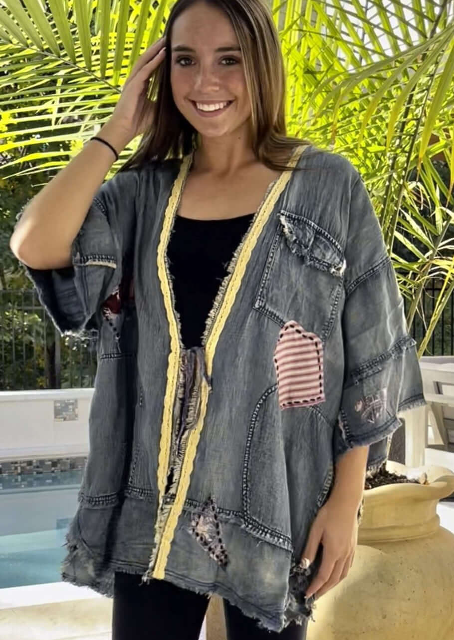 Jaded Gypsy Blue Moon Kimono Bohemian Design with Patchwork Detail & Large Front Pockets - Chambray | Made In USA | Classy Cozy USA Made in America Boutique