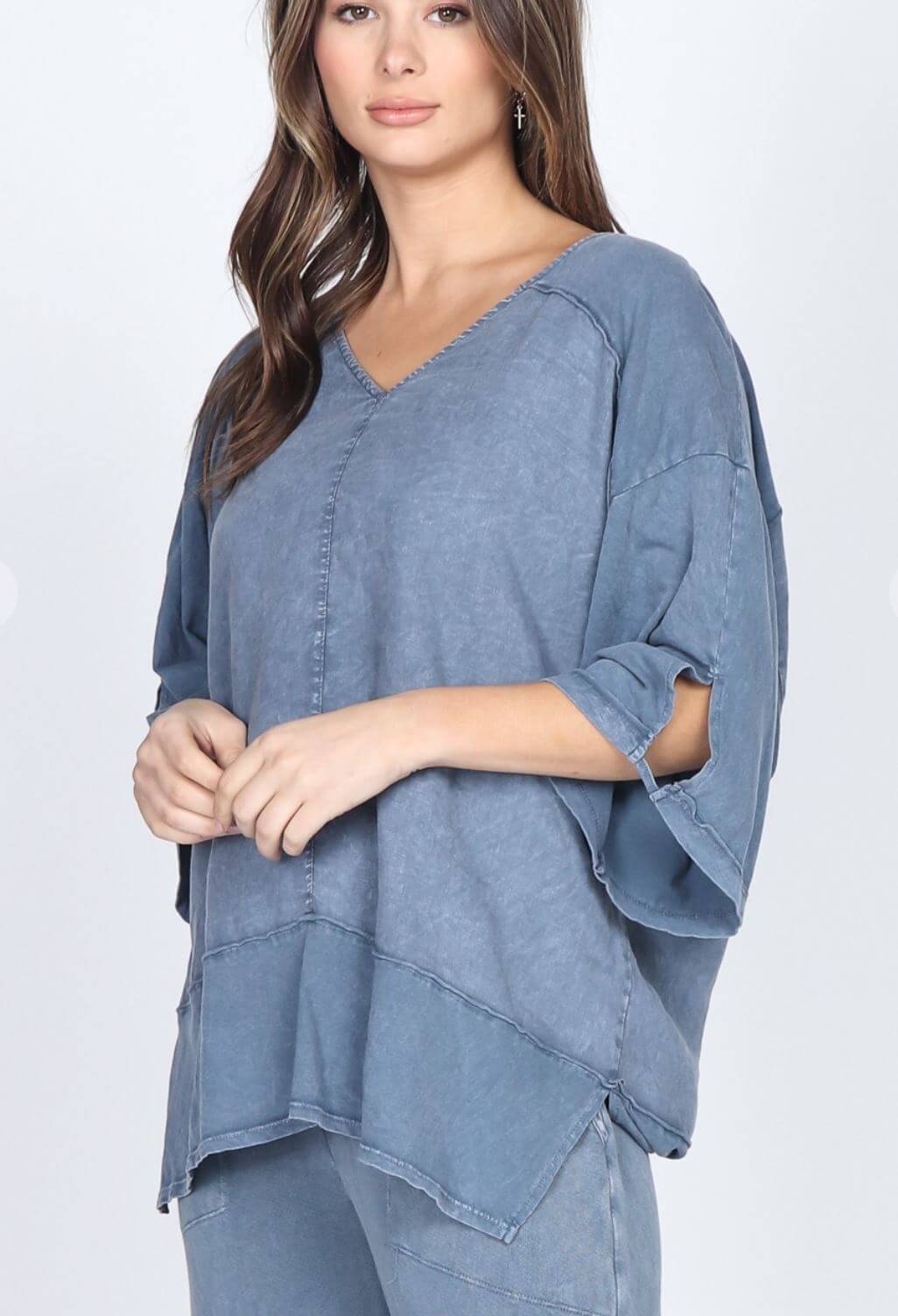 M. Rena Ladies Comfy Cotton & Linen V-Neck Top Made in USA with the finest quality fabrics | Available in Bone & Light Denim | Women's Made in America Boutique