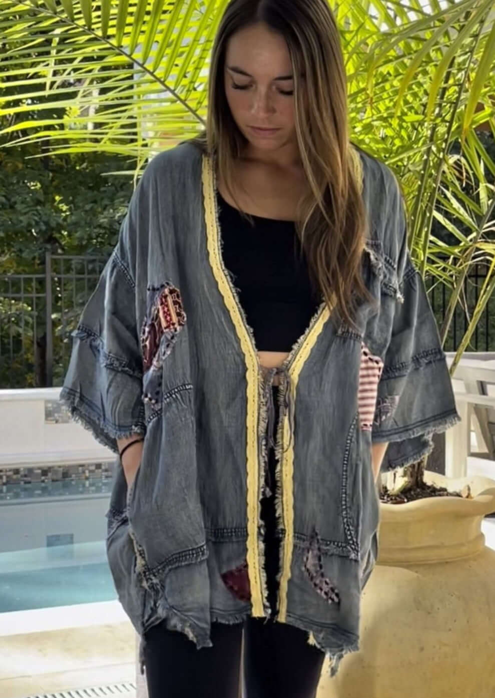 Jaded Gypsy Blue Moon Kimono Bohemian Design with Patchwork Detail & Large Front Pockets - Chambray | Made In USA | Classy Cozy USA Made in America Boutique